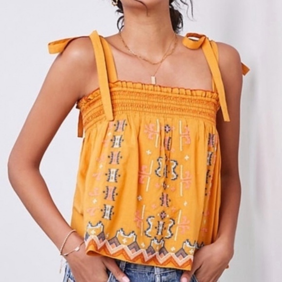 Anthropologie Tops - Anthropologie Embroidered Mustard Good Swing Tank Woman’s Size Large NWT